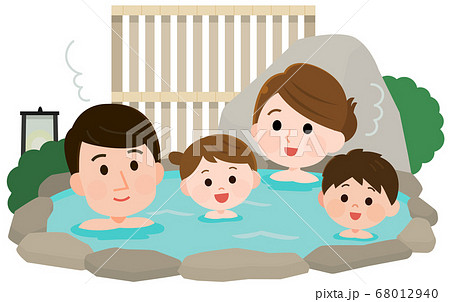 温泉 露天風呂に入る家族 背景付き イラストのイラスト素材