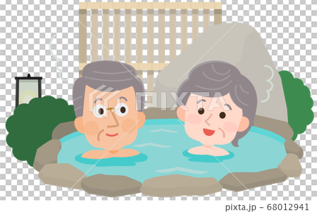一對老年夫婦，溫泉戶外浴有背景的插圖 68012941