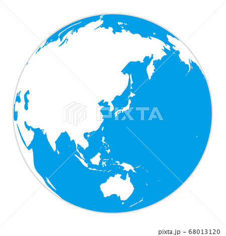 3Dの地球、アジア・オセアニア・オーストラリア、青と白のフラットな色