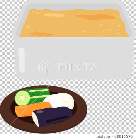 野菜のぬか漬けと容器に入った糠床 のイラスト素材