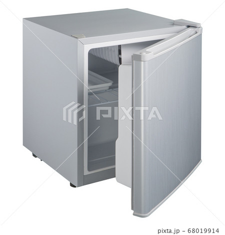 gray small refrigerator with a closed door on a gray small refrigerator with a closed door on a 68019914