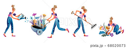 Woman engaged in gardening isolated scene set Woman engaged in gardening isolated scene set 68020073