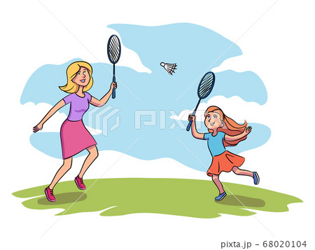 Vector characters mom and daughter plays tennis Vector characters mom and daughter plays tennis 68020104