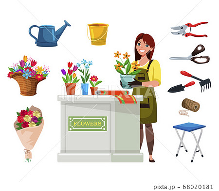Florist in apron with flowers and equipment set Florist in apron with flowers and equipment set 68020181