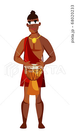 Tribal native man playing music drum isolated on white 68020233