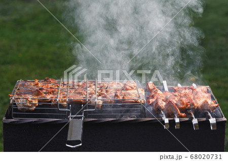 grill barbecue meat on a brazier with smoke, green grill barbecue meat on a brazier with smoke, green 68020731