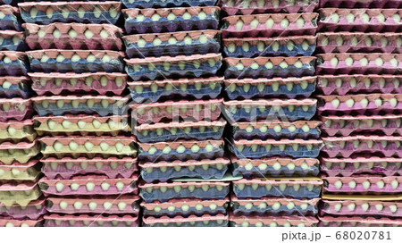 Organic fresh eggs in colorful cardboard egg box holder at the supermarket in Istanbul, Turkey 68020781