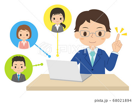 パソコンを使ってオンラインで仕事を共有する男性会社員 テレワーク イラストのイラスト素材 パソコンを使ってオンラインで仕事を共有する男性会社員 テレワーク イラストのイラスト素材