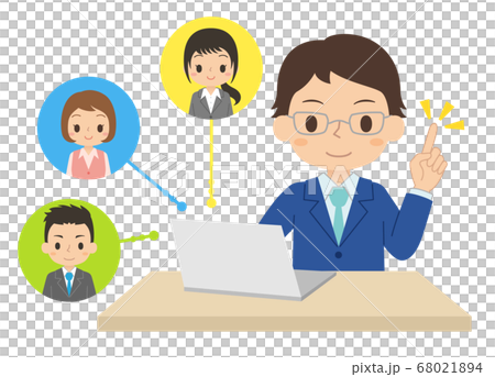 パソコンを使ってオンラインで仕事を共有する男性会社員 テレワーク イラストのイラスト素材