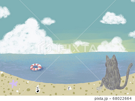 海で遊び疲れた猫のイラスト素材