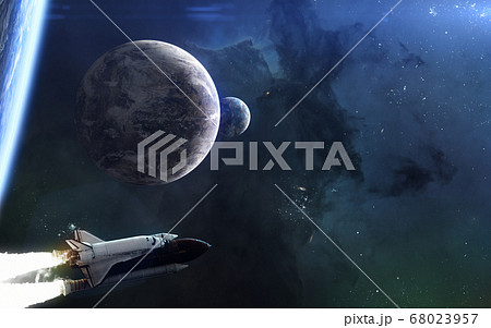 Exoplanets, space shuttle on background of beautiful scenery space. Deep space in blue light Exoplanets, space shuttle on background of beautiful scenery space. Deep space in blue light 68023957