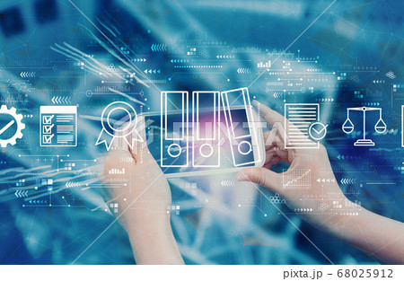 Compliance theme with person using smartphone Compliance theme with person using smartphone 68025912