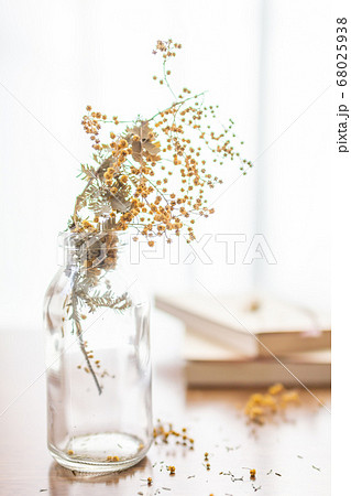 ミモザのドライフラワーと本の写真素材