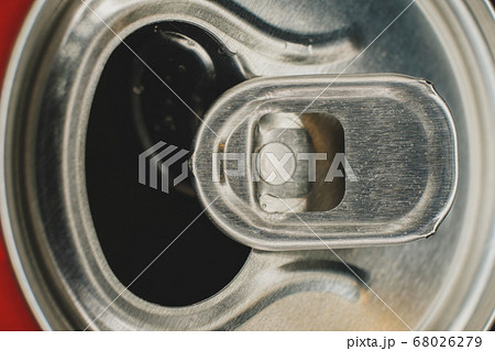 Stay-on-tab opening mechanism On an aluminum beverage can. Can of soda lemonade macro view. 68026279