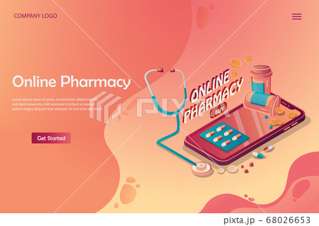 Online Pharmacy isometric illustration Smartphone with medical supplies, bottles liquids and pills. web page concept. Online Pharmacy isometric illustration Smartphone with medical supplies, bottles liquids and pills. web page concept. 68026653