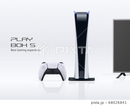 Vector play console digital edition with gamepad, TV, reflections and message isolated on white background. Next 5 generation gaming banner concept. Vector play console digital edition with gamepad, TV, reflections and message isolated on white background. Next 5 generation gaming banner concept. 68026841