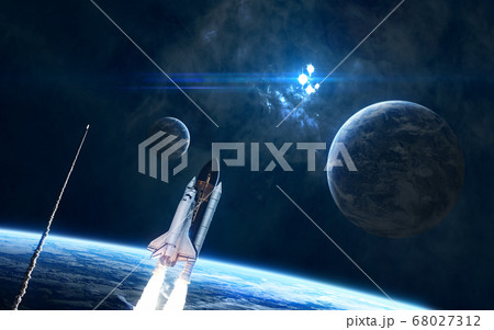 Planets, space shuttles in deep space. Nebula, star cluster Planets, space shuttles in deep space. Nebula, star cluster 68027312