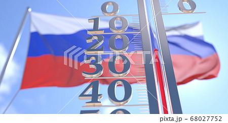 Minus 20 degrees centigrade on a thermometer measuring air temperature near flag of Russia. Cold weather forecast related 3D rendering 68027752