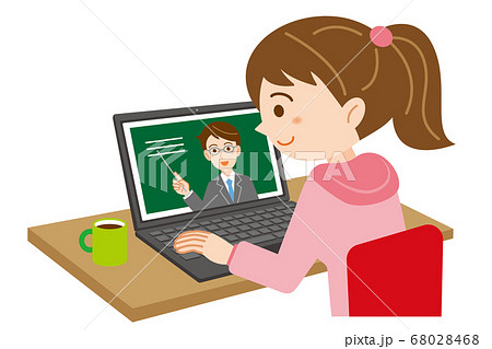 ノートpcでオンライン授業を受ける女子学生のイラスト 白背景 のイラスト素材