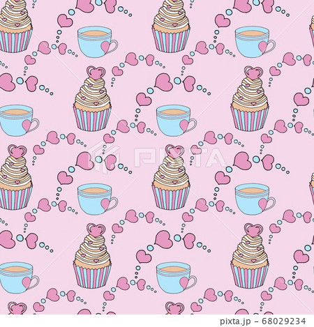 Vector graphic of the various sweets and desserts decorated into seamless pattern. Valentines day seamless pattern of hearts and cupcakes. Beautiful abstract pattern with Valentines day seamless 68029234