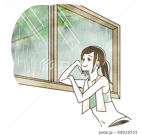 雨の日に窓の外を眺める女性のイラスト素材