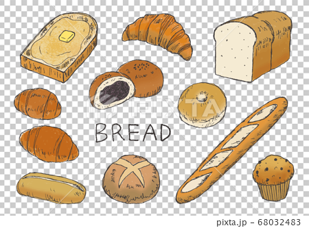 いろんなパンの手描きイラスト カラー のイラスト素材