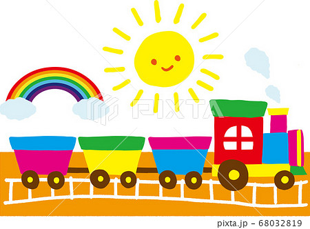 手描き風な汽車とおひさまと虹のイラスト素材