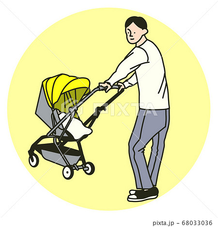 ベビーカーを乗せた赤ちゃんと散歩する男の人のカラーイラストのイラスト素材