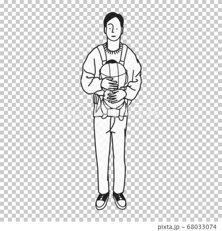 抱っこ紐をつけて赤ちゃんを抱っこする男の人のモノクロイラスト 68033074