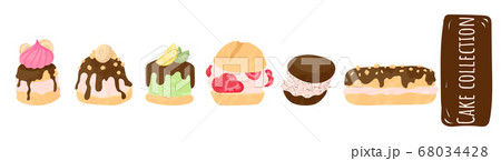 Cake vector chocolate confectionery cupcake and sweet confection dessert with whipped cream, berries and fruits. Vector illustration set flat cartoons design, isolated on white background. Cake vector chocolate confectionery cupcake and sweet confection dessert with whipped cream, berries and fruits. Vector illustration set flat cartoons design, isolated on white background. 68034428
