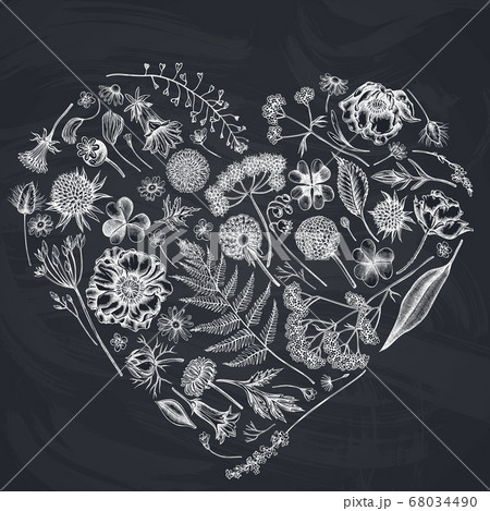 Heart floral design with chalk shepherd's purse, heather, fern, wild garlic, clover, globethistle, gentiana, astilbe, craspedia, lagurus, black caraway, chamomile, dandelion, poppy flower, lily of the 68034490
