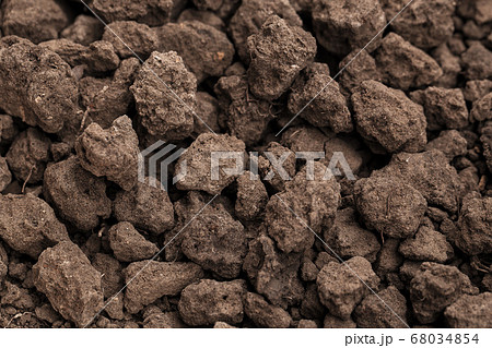 Closeup shot of Soil texture, cultivated dirt, earth, ground, brown land background. Clods of earth in a plowed field in preparation for the next planting. for use organic gardening, agriculture. 68034854