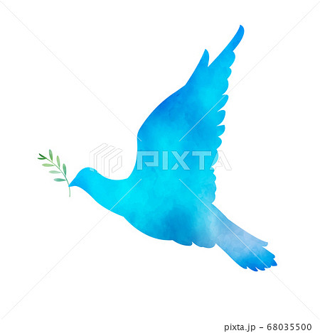 水彩 オリーブの枝を咥えた青い鳥のイラスト素材