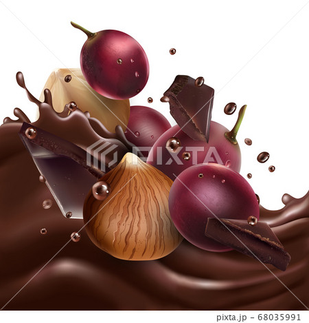 Red grapes and hazelnuts with chocolate pieces on a chocolate wave. 68035991