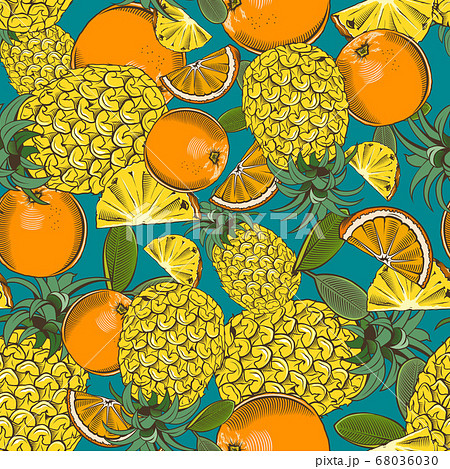 Colored seamless pattern with pineapples and oranges in vintage style Colored seamless pattern with pineapples and oranges in vintage style 68036030
