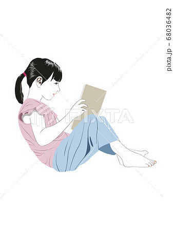 壁に寄りかかって座り本を読む少女のイラスト素材