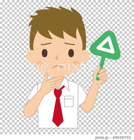 Illustration of a male student with a troubled face with a triangle tag Illustration of a male student with a troubled face with a triangle tag 68036550