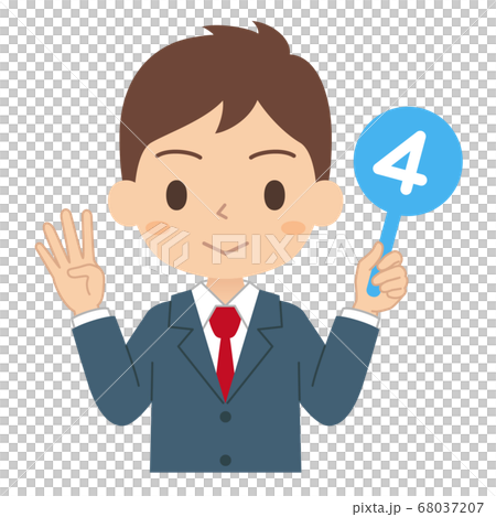 Illustration of a male student holding a number 4 tag 68037207