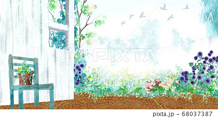 花咲く庭の風景イラストのイラスト素材