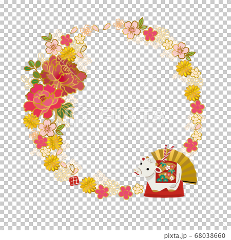 牛の置物と花のフレーム　豪華　年賀状素材　金　土鈴 68038660