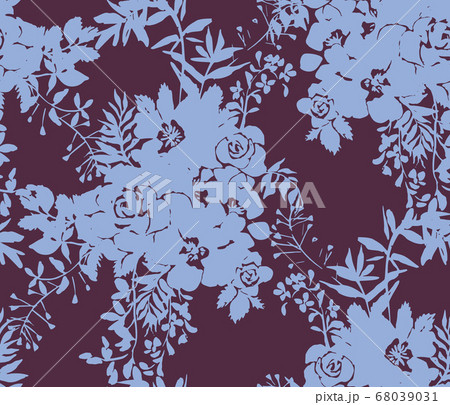 Roses silhouettes. Seamless pattern made of bouquet of roses, garden flowers and herbs. Vintage style. Flat design for fashion, textile, fabric, clothes, dress, wallpaper, wrapper. Roses silhouettes. Seamless pattern made of bouquet of roses, garden flowers and herbs. Vintage style. Flat design for fashion, textile, fabric, clothes, dress, wallpaper, wrapper. 68039031