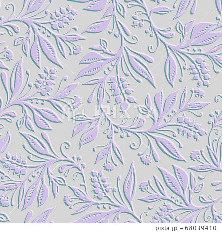 Floral seamless pattern with leaves and berries. Hand drawn and digitized.  68039410