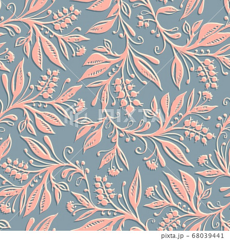 Floral seamless pattern with leaves and berries. Hand drawn and digitized. Floral seamless pattern with leaves and berries. Hand drawn and digitized. 68039441