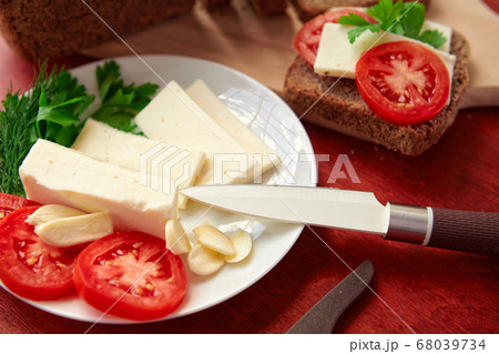 healthy food - fresh bread and feta cheese on a 68039734