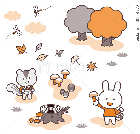 秋の風景 きのこ狩りするうさぎとりす 2色のイラスト素材