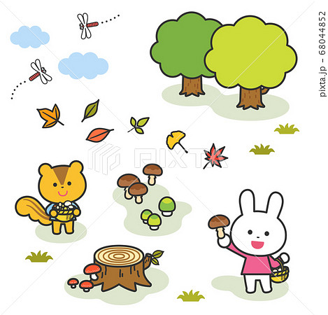 秋の風景 きのこ狩りするうさぎとりす 線ありのイラスト素材