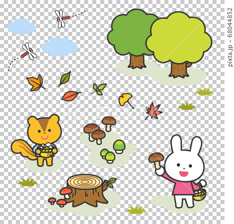 Autumn landscape / Rabbit bird picking mushrooms / Lined 68044852