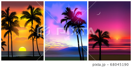 Summer tropical beach backgrounds set with palms, sky sunrise and sunset. Summer party placard poster flyer invitation card. Summertime. Summer tropical beach backgrounds set with palms, sky sunrise and sunset. Summer party placard poster flyer invitation card. Summertime. 68045190
