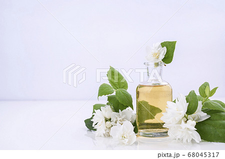 Jasmine oil. Aromatherapy and massage product, alternative medicine. Flowers and a bottle with oil 68045317