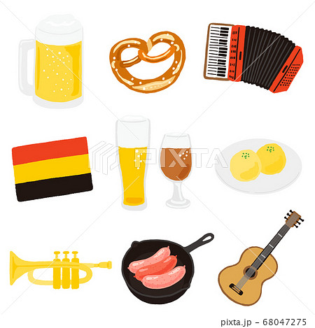 ドイツのお酒と食べ物 楽器のアイコンセットのイラスト素材